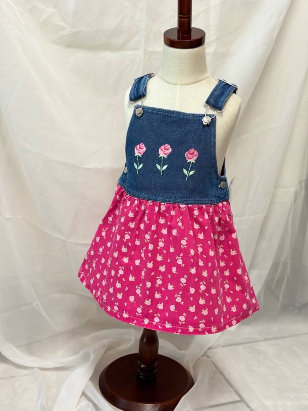 Vintage Denim Rose Pinafore Dress with Pink Floral Skirt